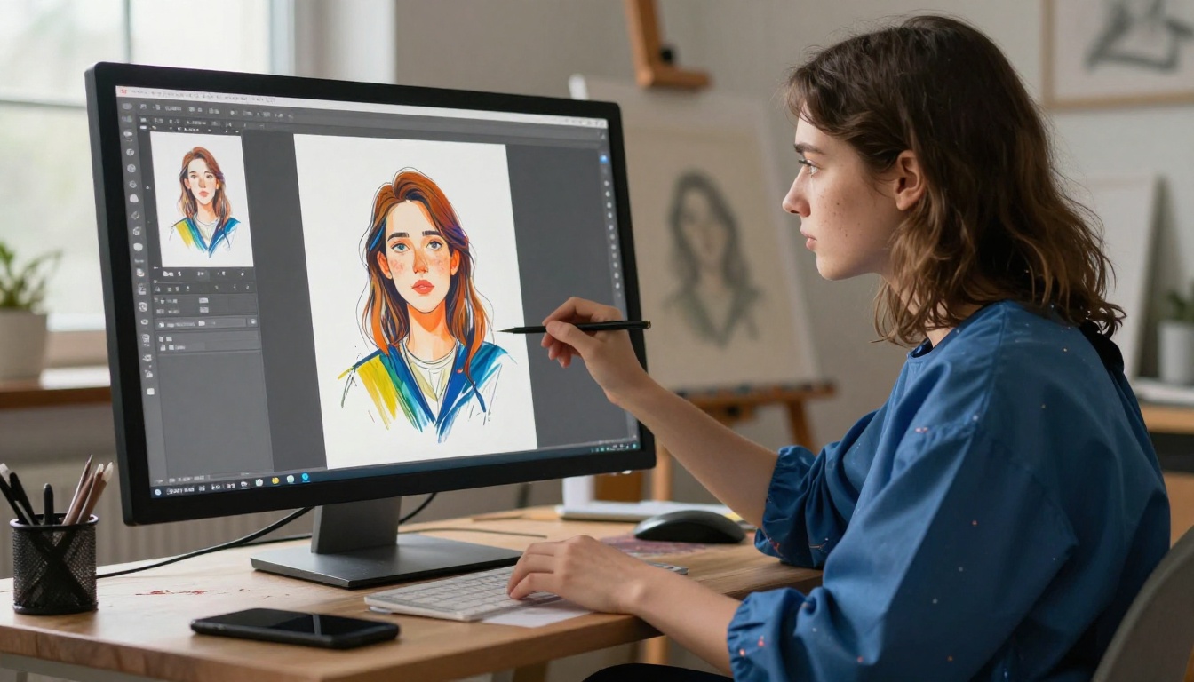 Illustrator working at a digital drafting station in a daylit studio space