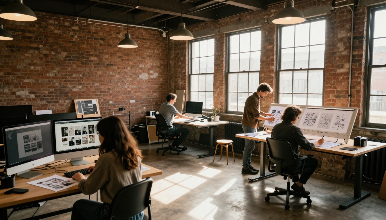 Open collaborative creative studio with multiple professionals working at separate stations