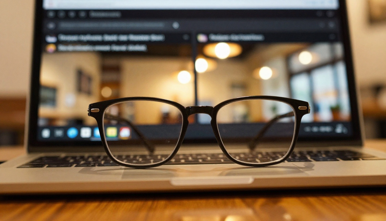 Laptop screen with split AI interface comparison reflected in eyeglasses in a cafe setting