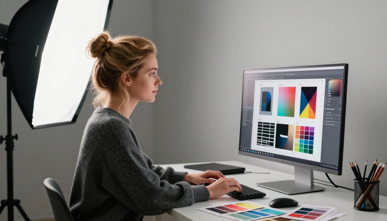 Graphic designer reviewing a brand identity project at a professional workstation with color swatches