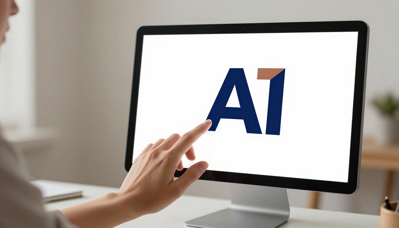 Designer examining AI-generated brand logo on a precision monitor display