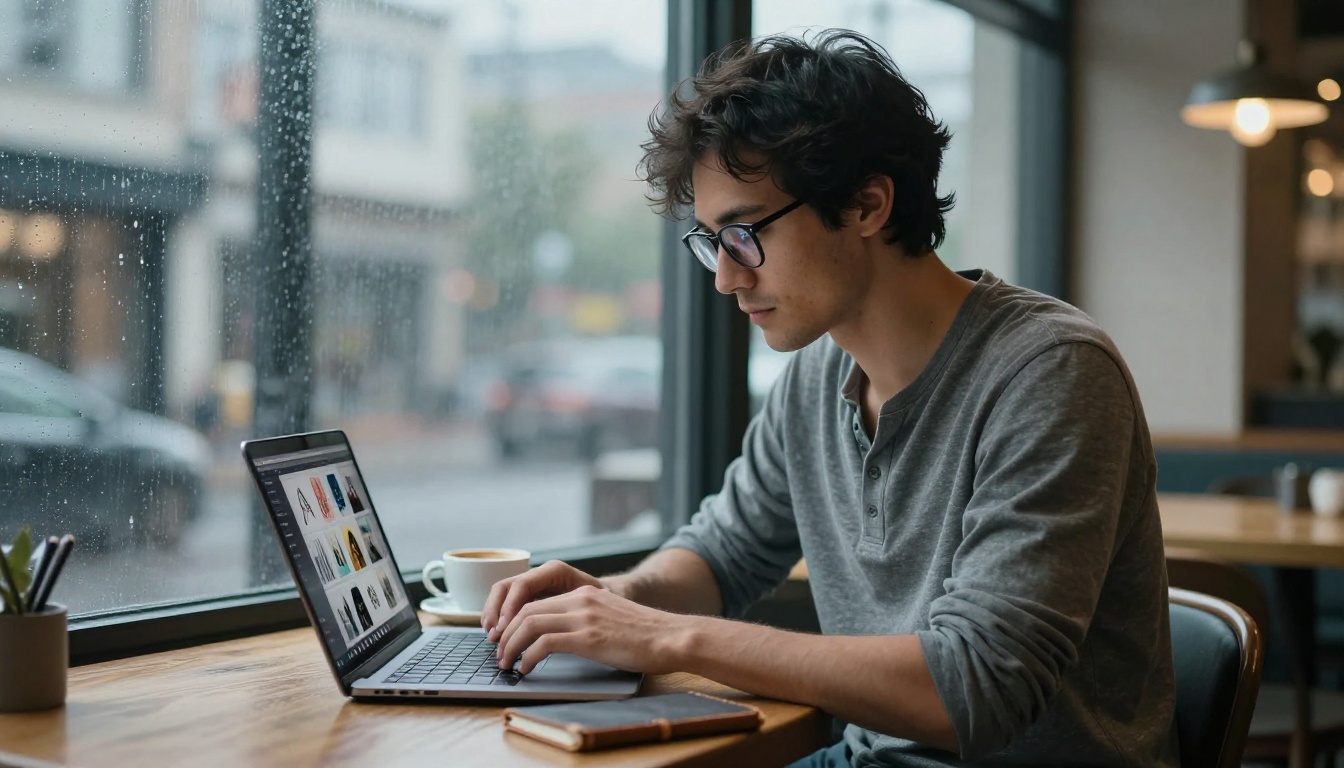 Freelance creative professional reviewing AI design thumbnails on laptop at a café