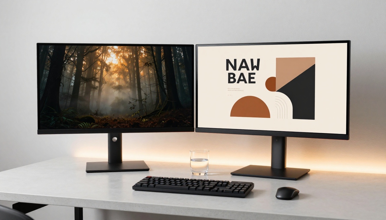 Two ultrawide monitors side by side displaying contrasting AI image styles in a home studio