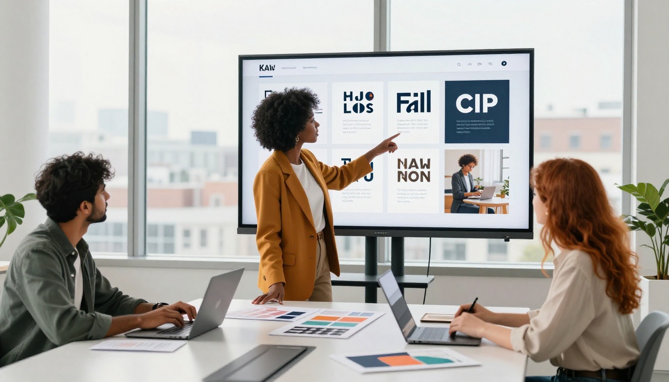 Creative team reviewing AI-generated brand mockups in a bright conference room