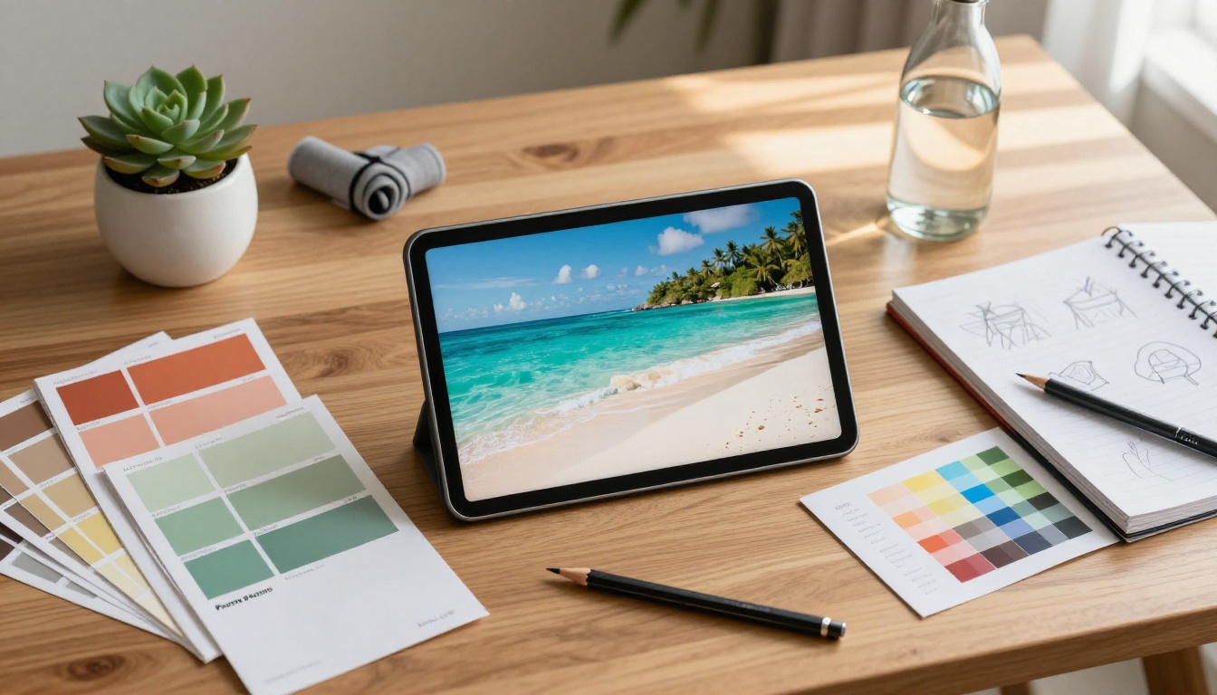 Overhead flat lay of designer workspace with tablet, color swatches, and sketchbooks