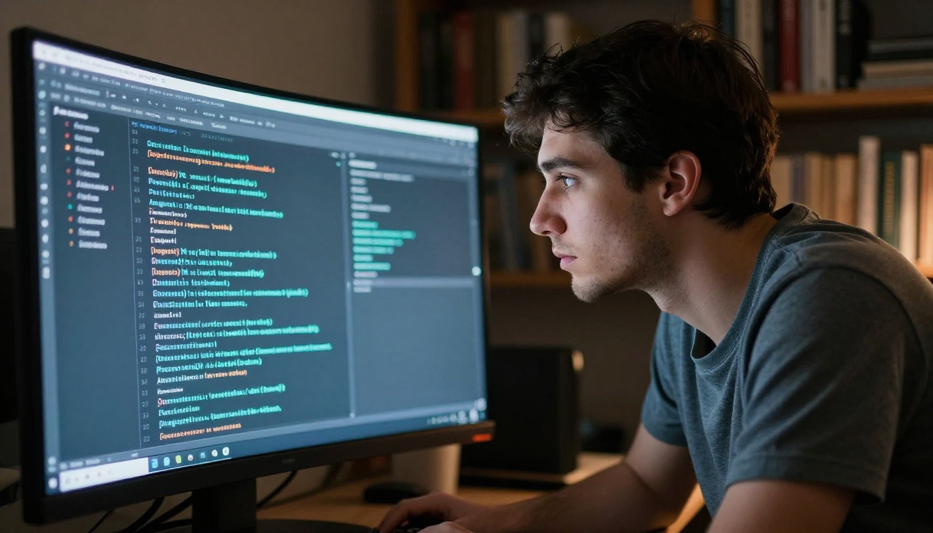 Developer focused at dual-monitor workstation with AI generation interface