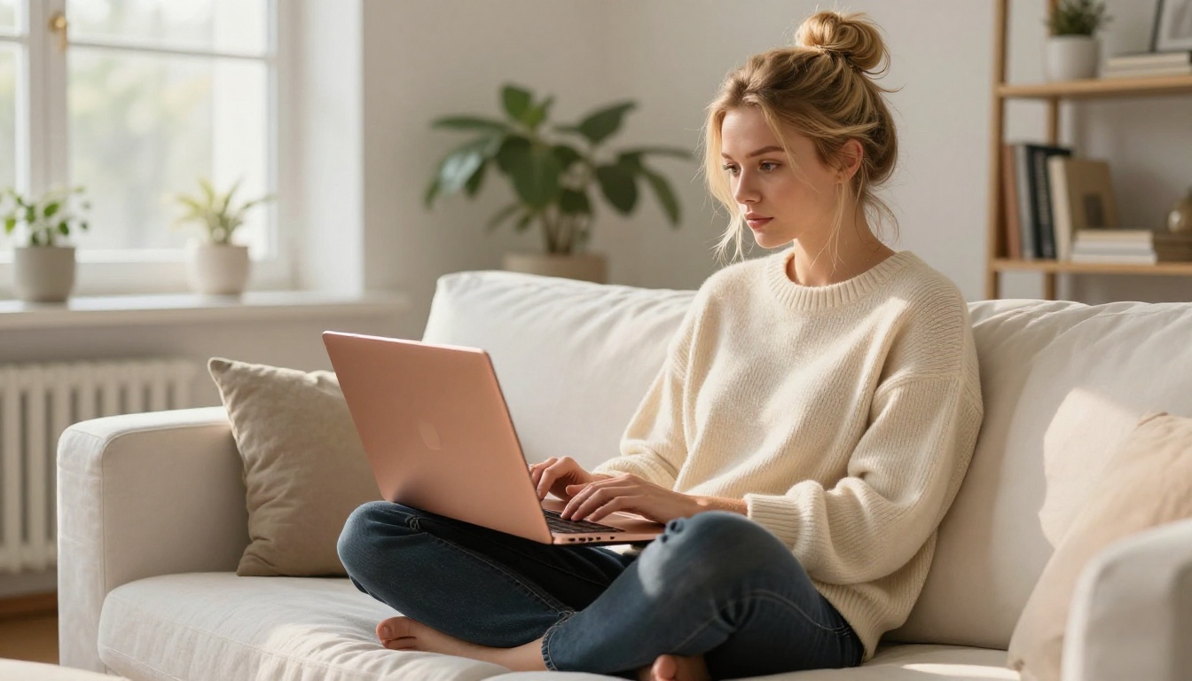 Designer on couch evaluating AI image quality side by side on a rose gold laptop