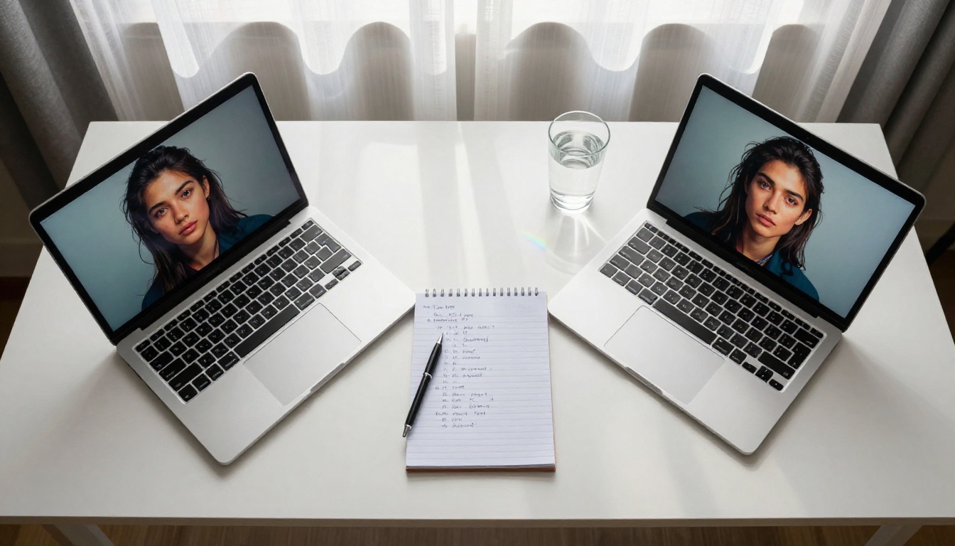Overhead view of two laptops placed side by side comparing AI outputs