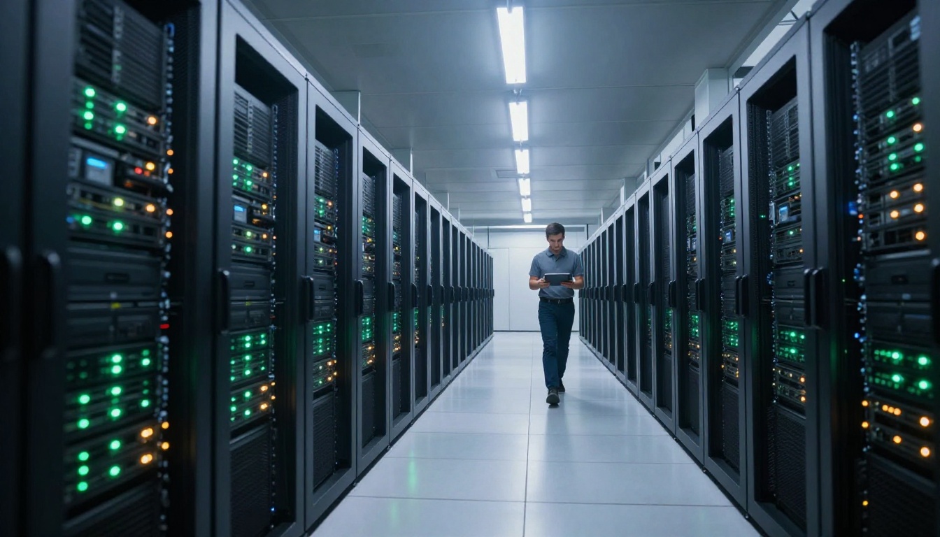 Modern data center corridor with server racks and blinking status lights