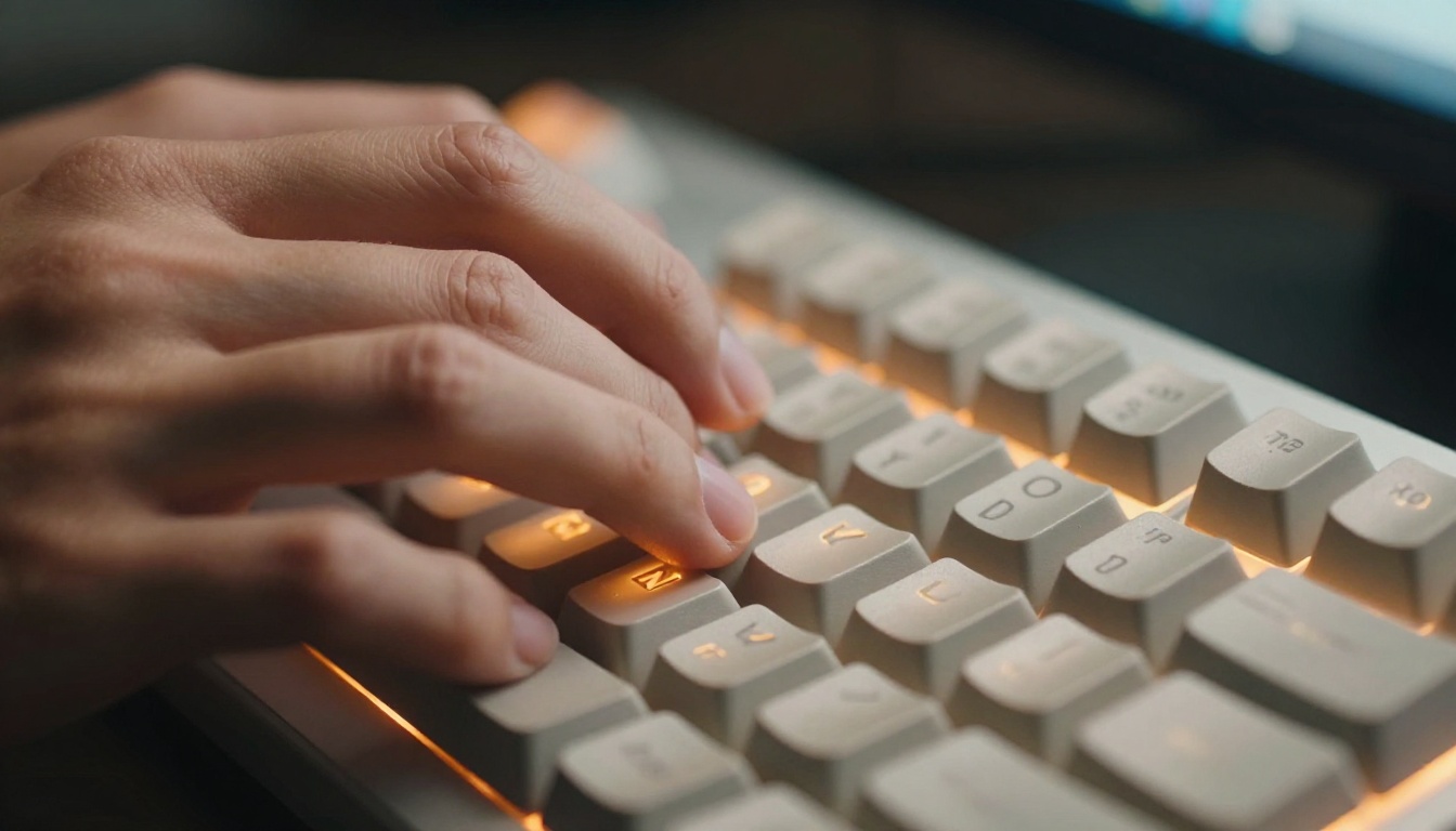 Close-up macro shot of hands mid-stroke on a backlit mechanical keyboard