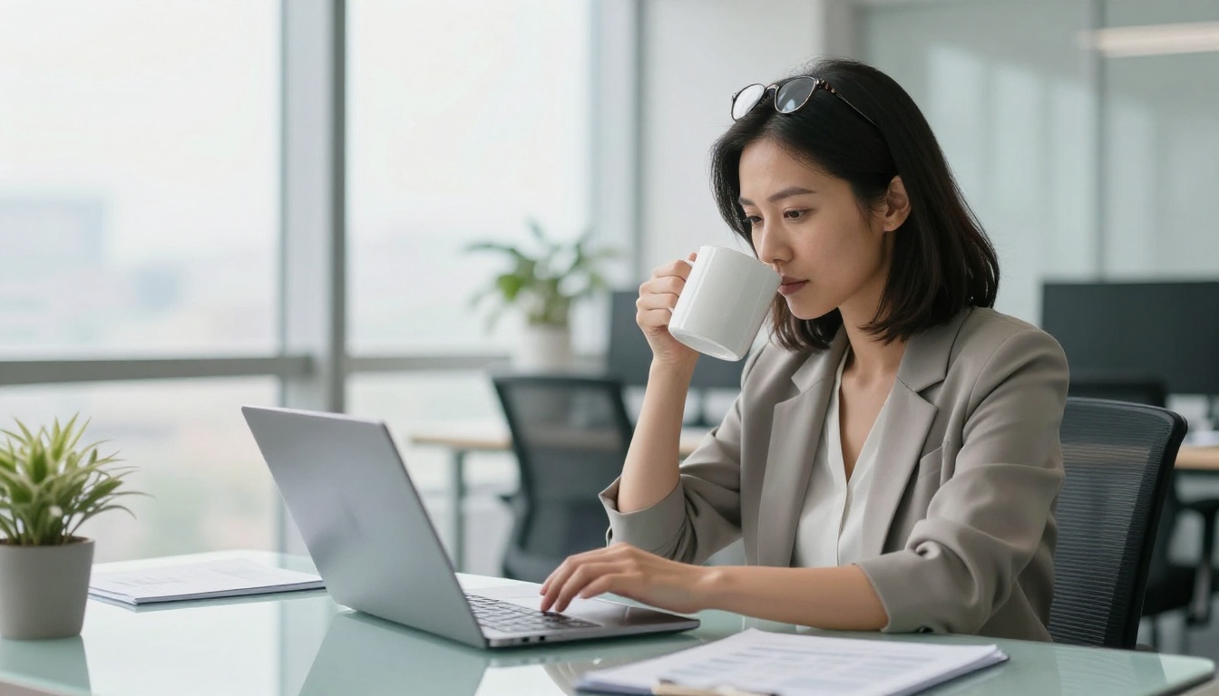 Professional woman reviewing pricing on laptop in a bright modern office