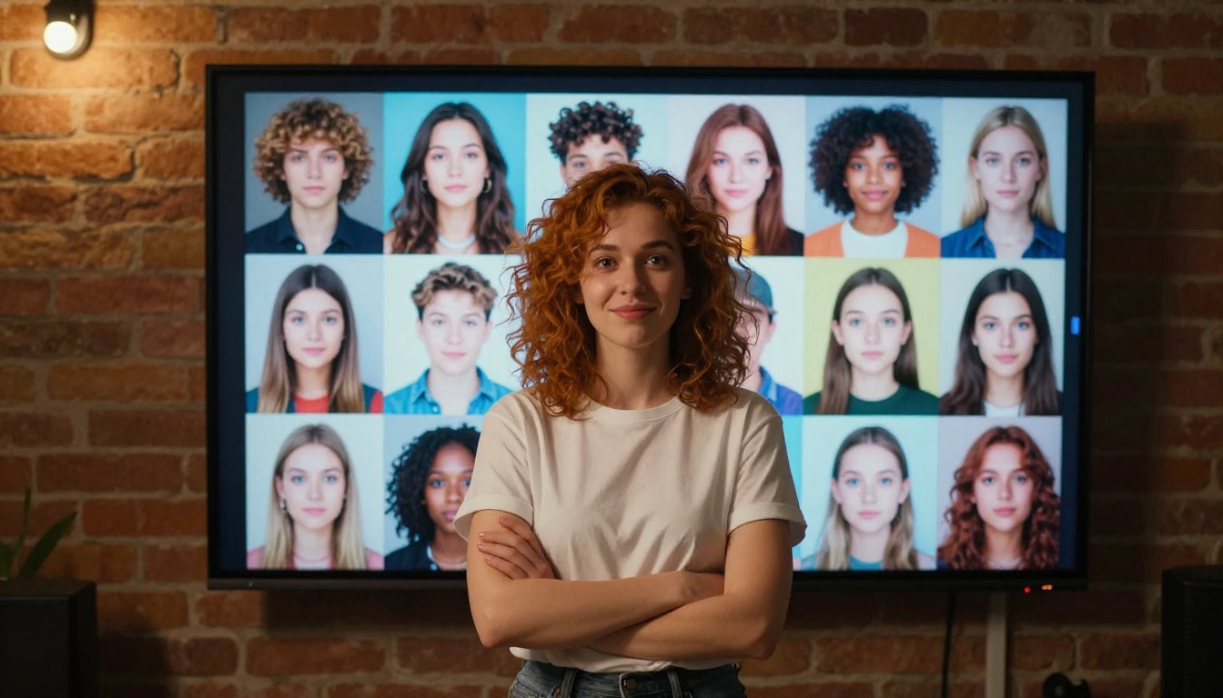 Young woman with curly hair viewing AI-generated portrait grid on large wall monitor