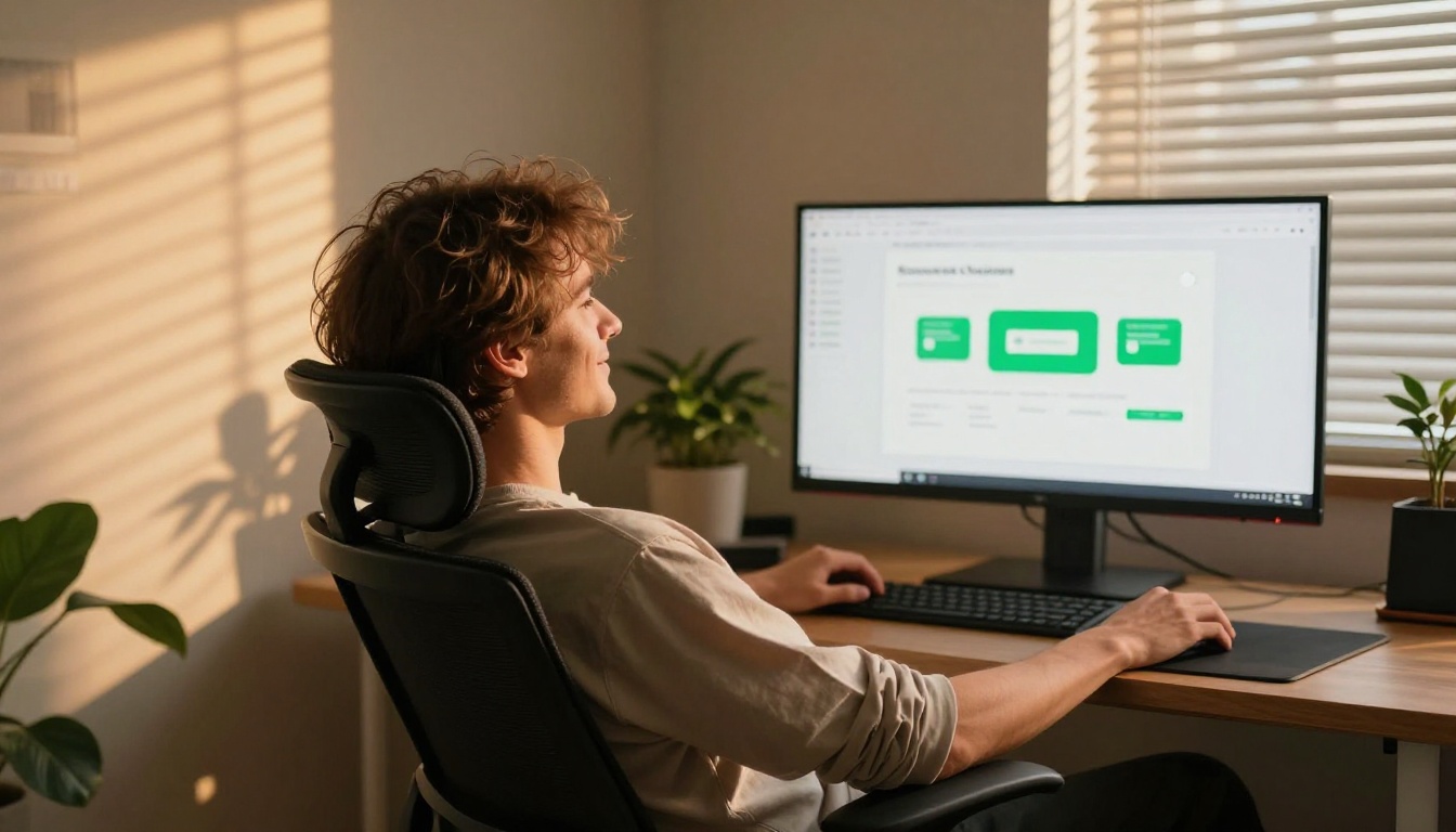 Developer leaning back in ergonomic chair with successful API response on ultrawide monitor