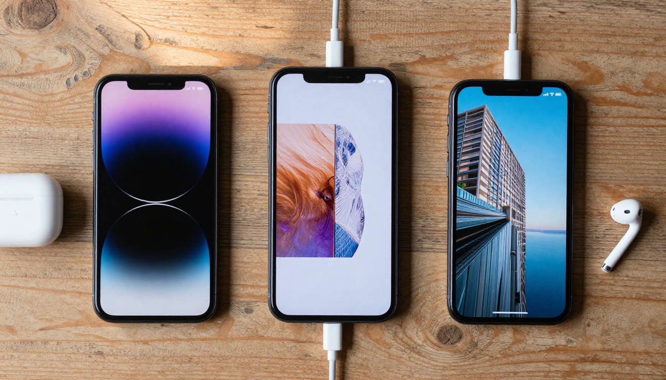 Flat-lay of smartphones and tablet on wooden surface showing AI-generated image outputs