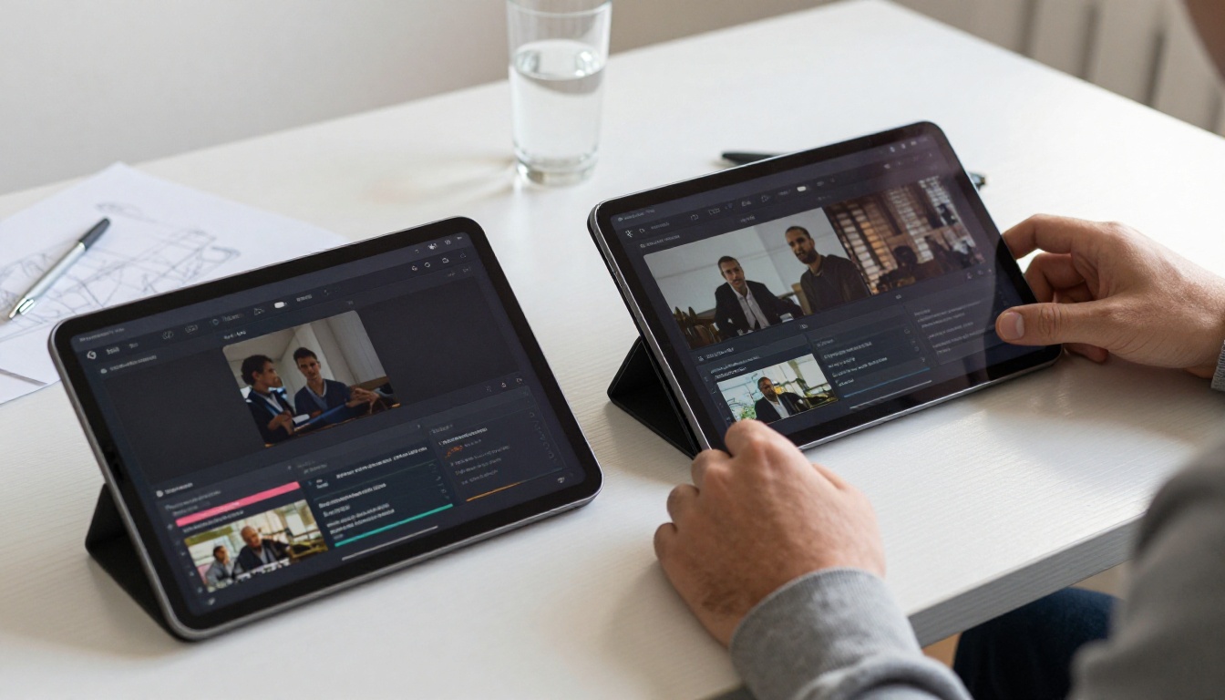 AI content creators comparing video outputs on dual monitors