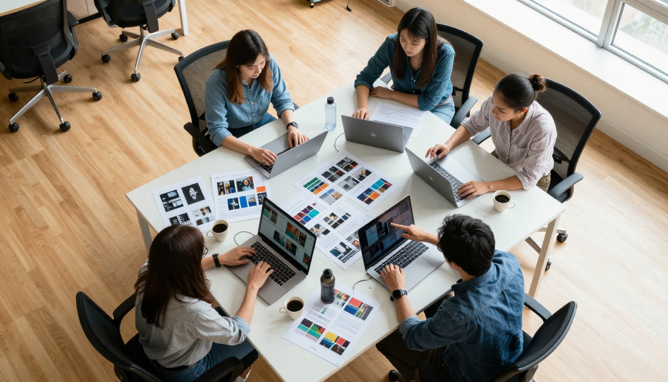 Creative agency team reviewing AI-generated video storyboards