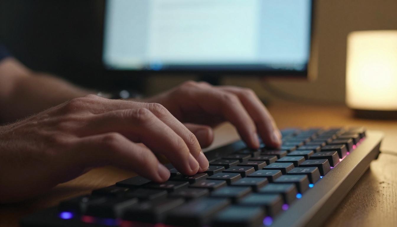 Hands typing AI video prompts on mechanical keyboard