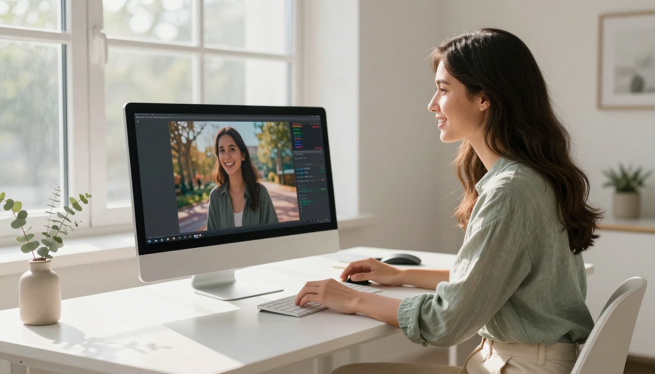 Content creator reviewing AI video results at her workstation