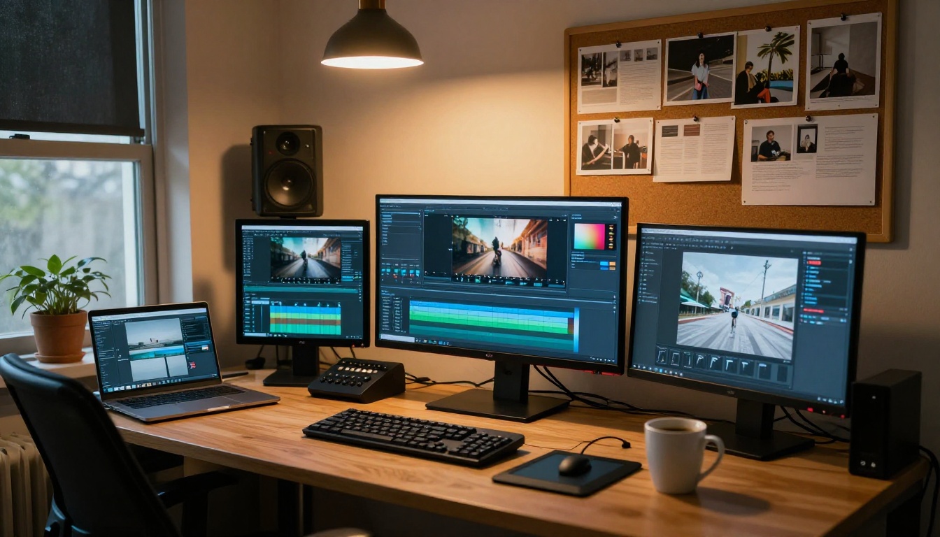 Video production workspace with multiple monitors and editing timeline
