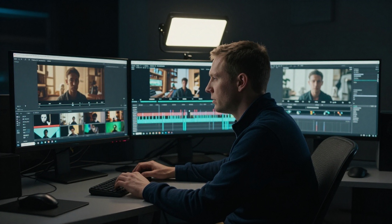 Video editor comparing AI output quality on professional color-grading monitors