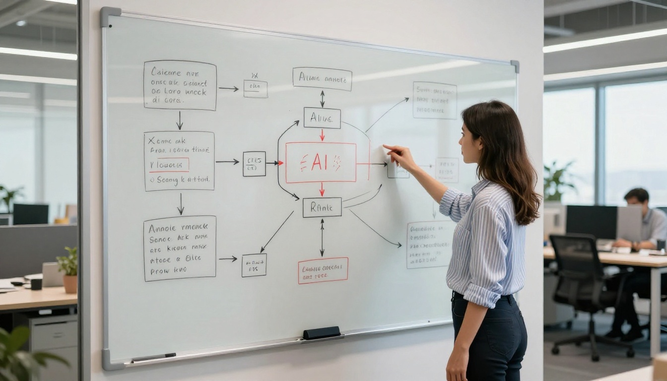 AI workflow diagram on office whiteboard with creative team
