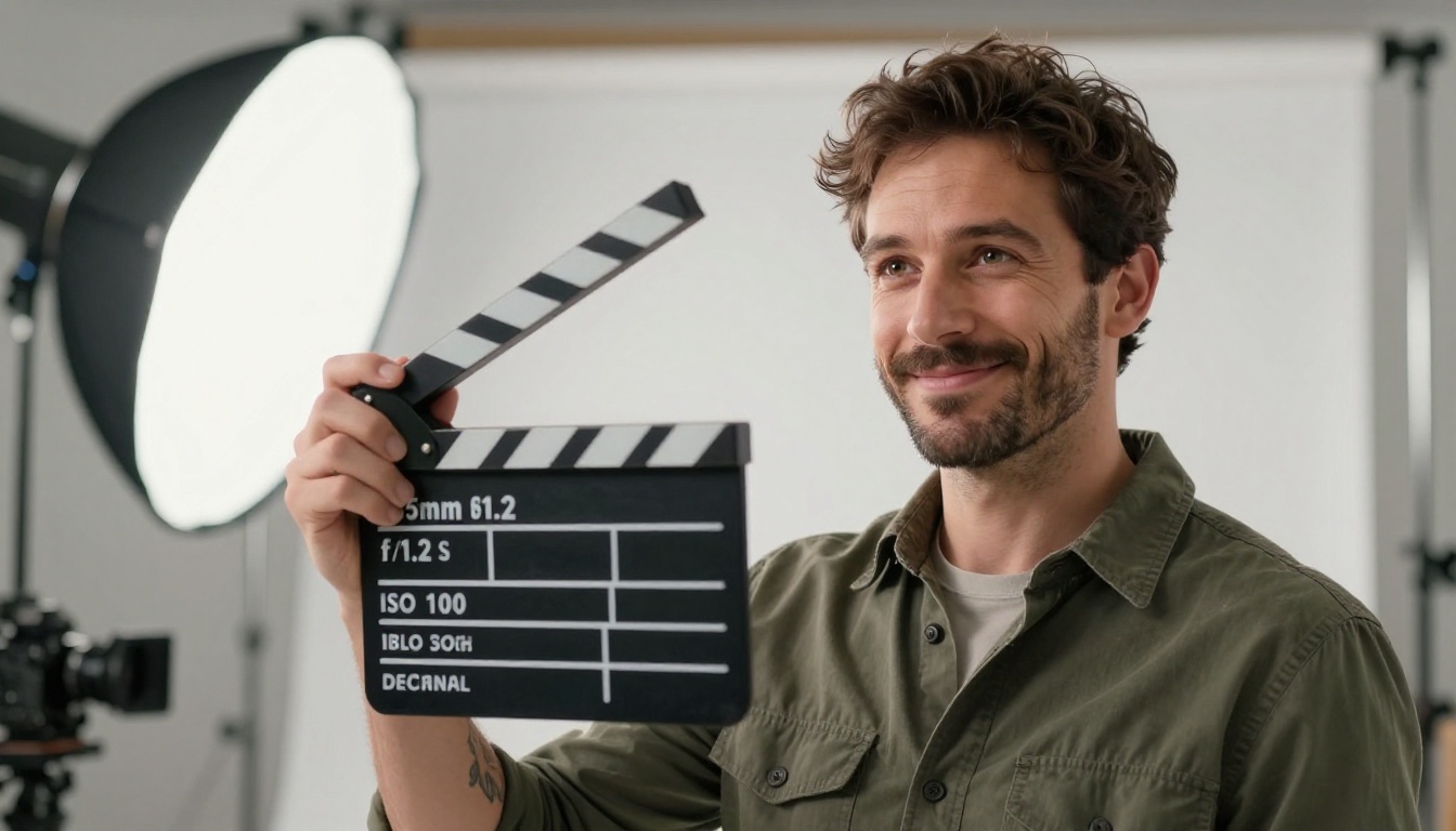 Filmmaker with clapperboard in professional film studio