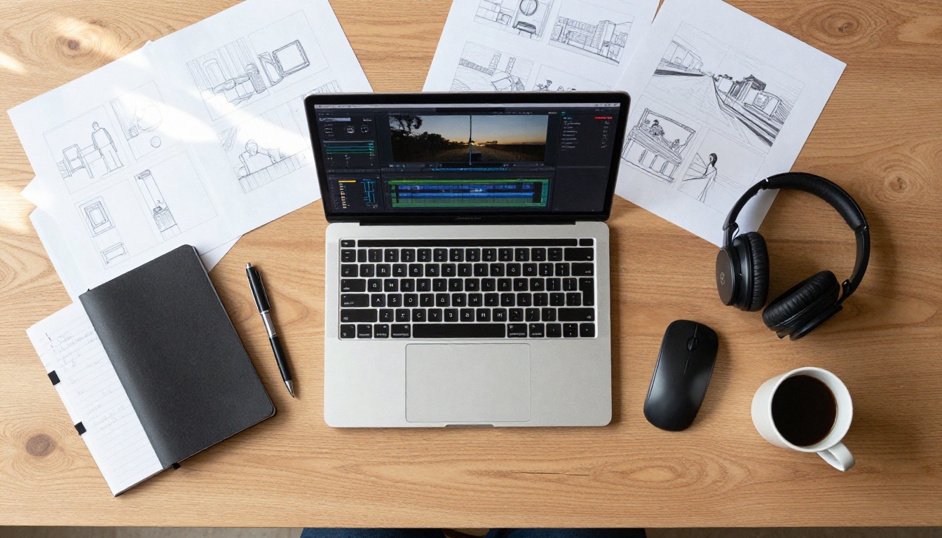 Aerial flat lay of a film production workspace with storyboards and laptop