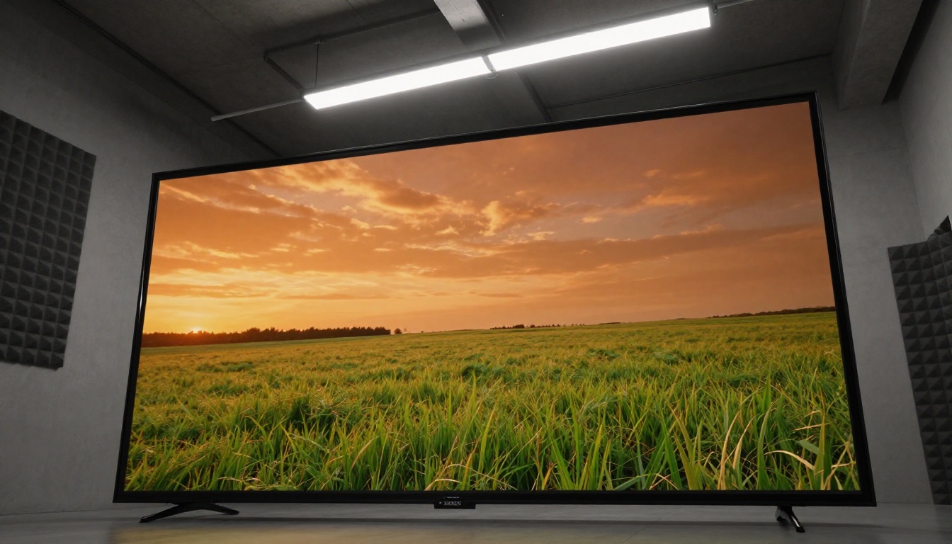 Low-angle view of 4K monitor displaying a vivid landscape video