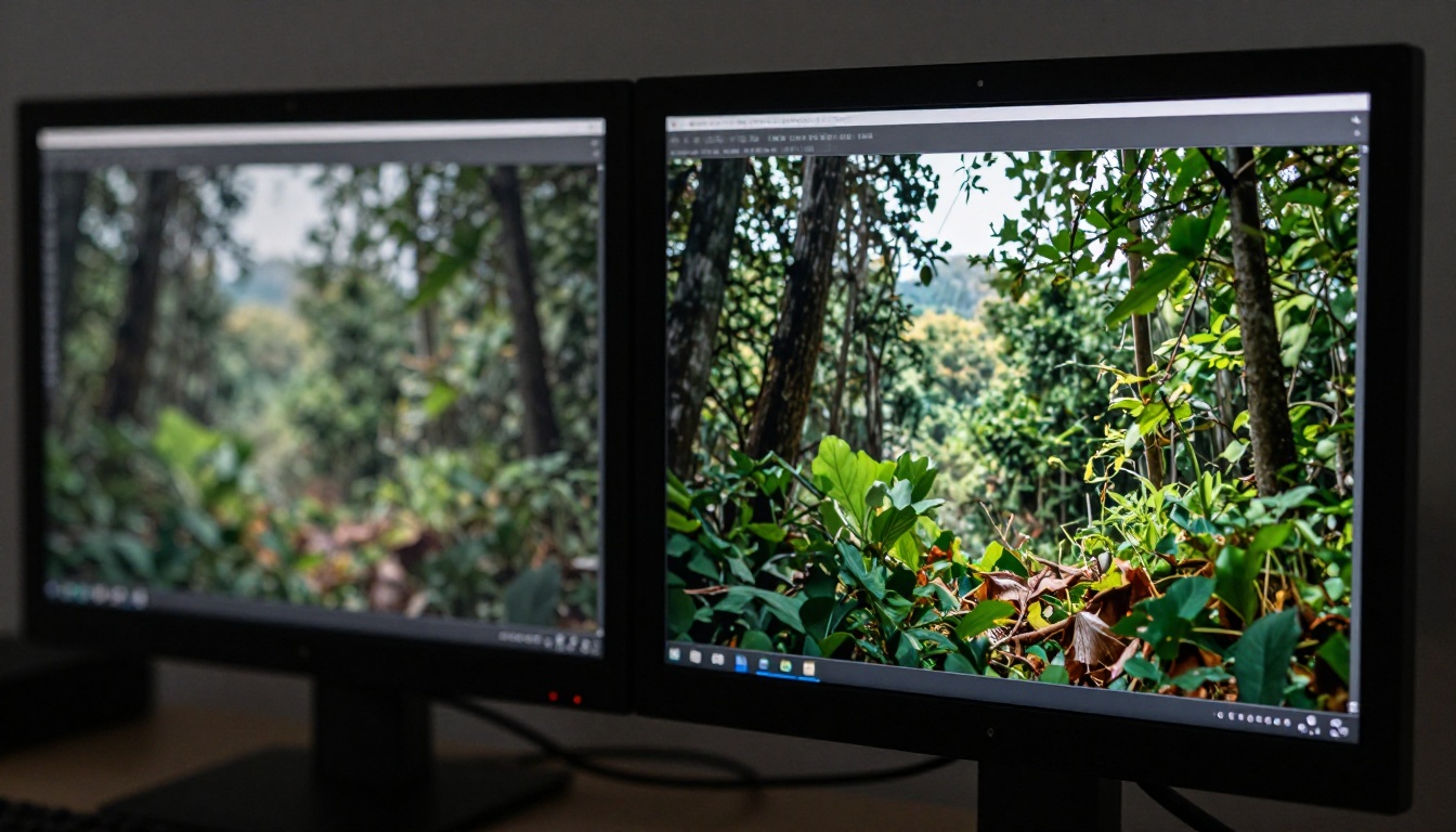 Dual-frame monitor comparison showing video quality differences