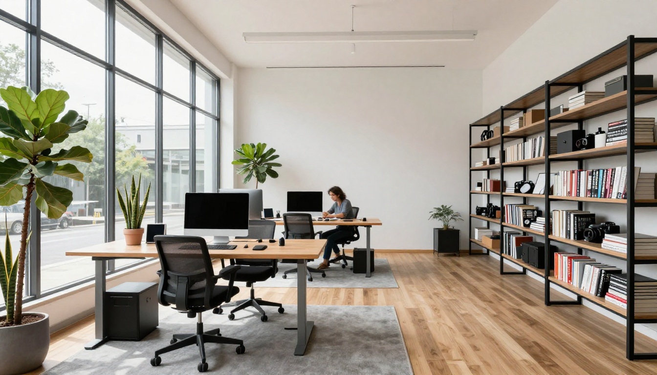 Wide contemporary creative studio interior with natural window light