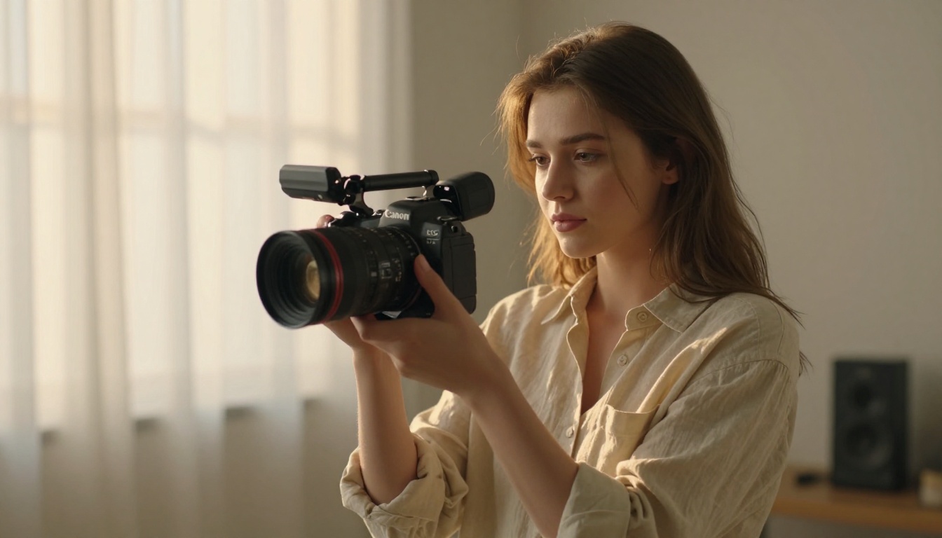 Young woman filmmaker holding a cinema camera with golden backlight