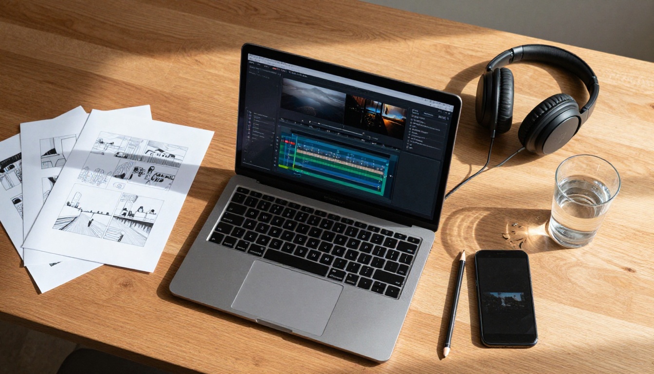 Overhead shot of a filmmaker's desk with storyboards, laptop, and headphones