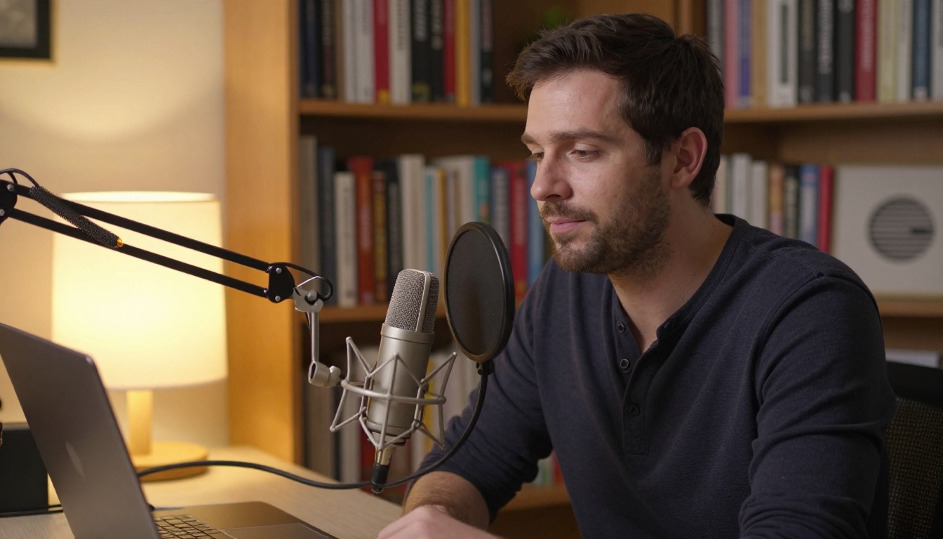 Man recording voice for AI talking avatar in podcast home office Man recording voice for AI talking avatar in podcast home office
