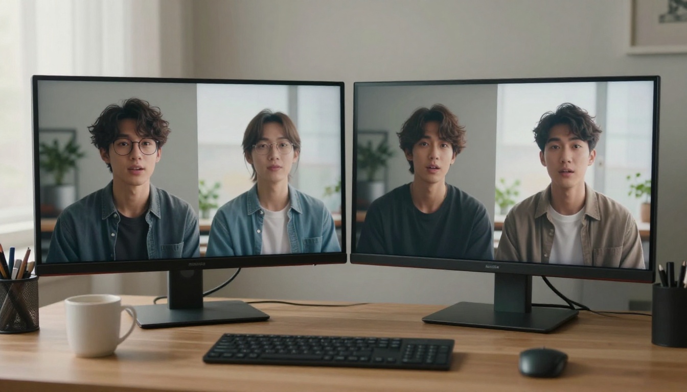 Side-by-side dual monitor showing two AI avatar videos compared Side-by-side dual monitor showing two AI avatar videos compared
