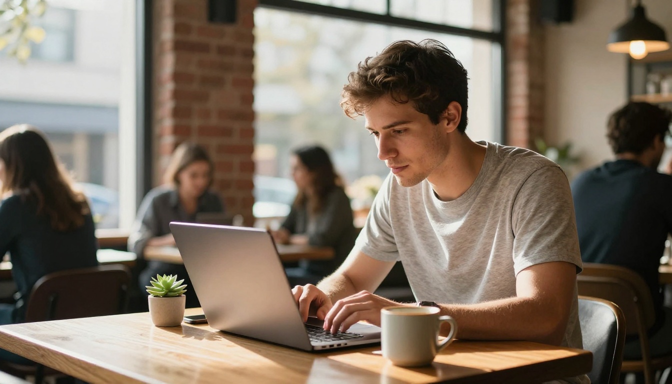 Creative professional working on laptop in a sunlit coffee shop