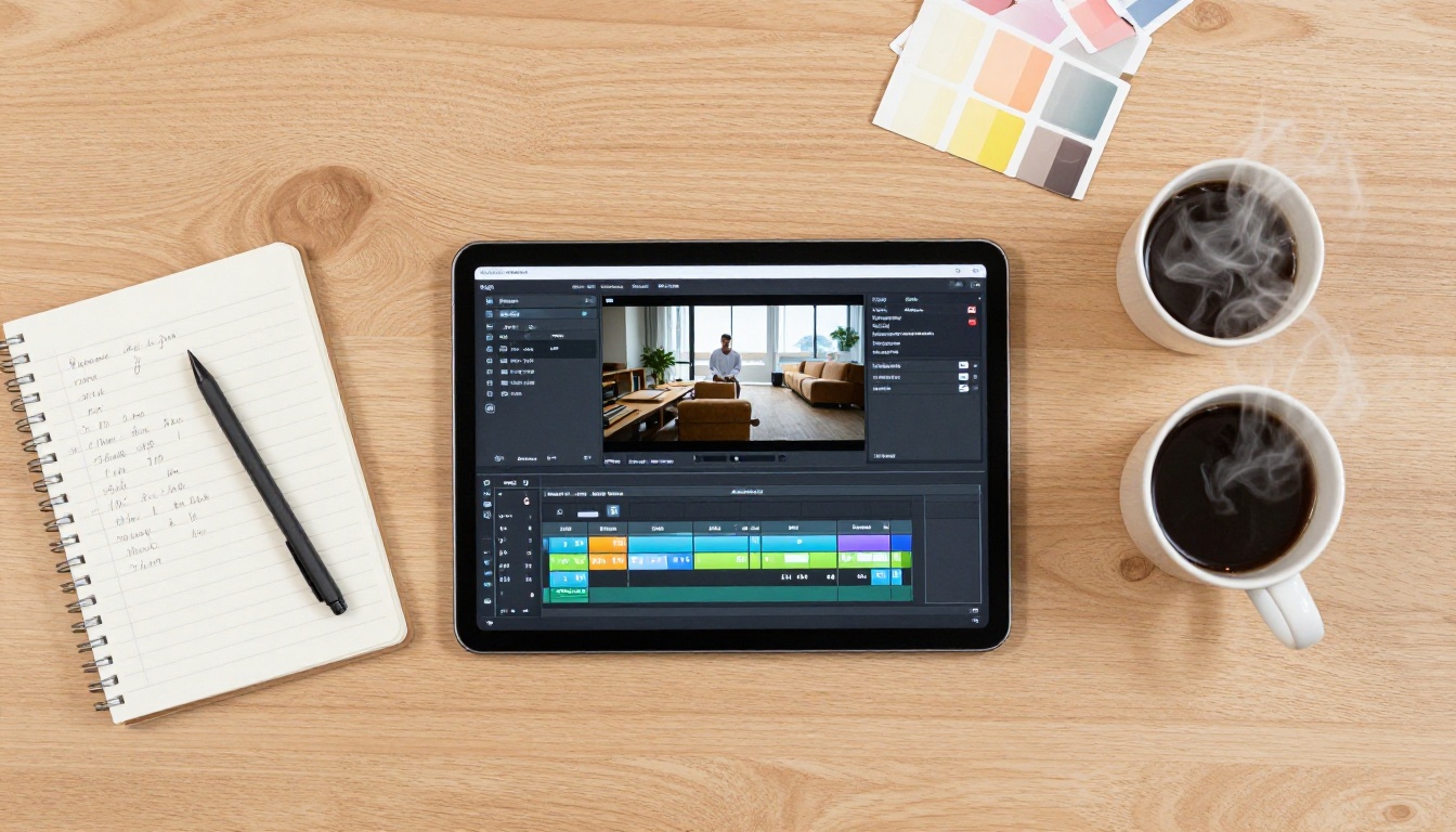 Aerial view of creative workspace with tablet, notebook, and video editing timeline