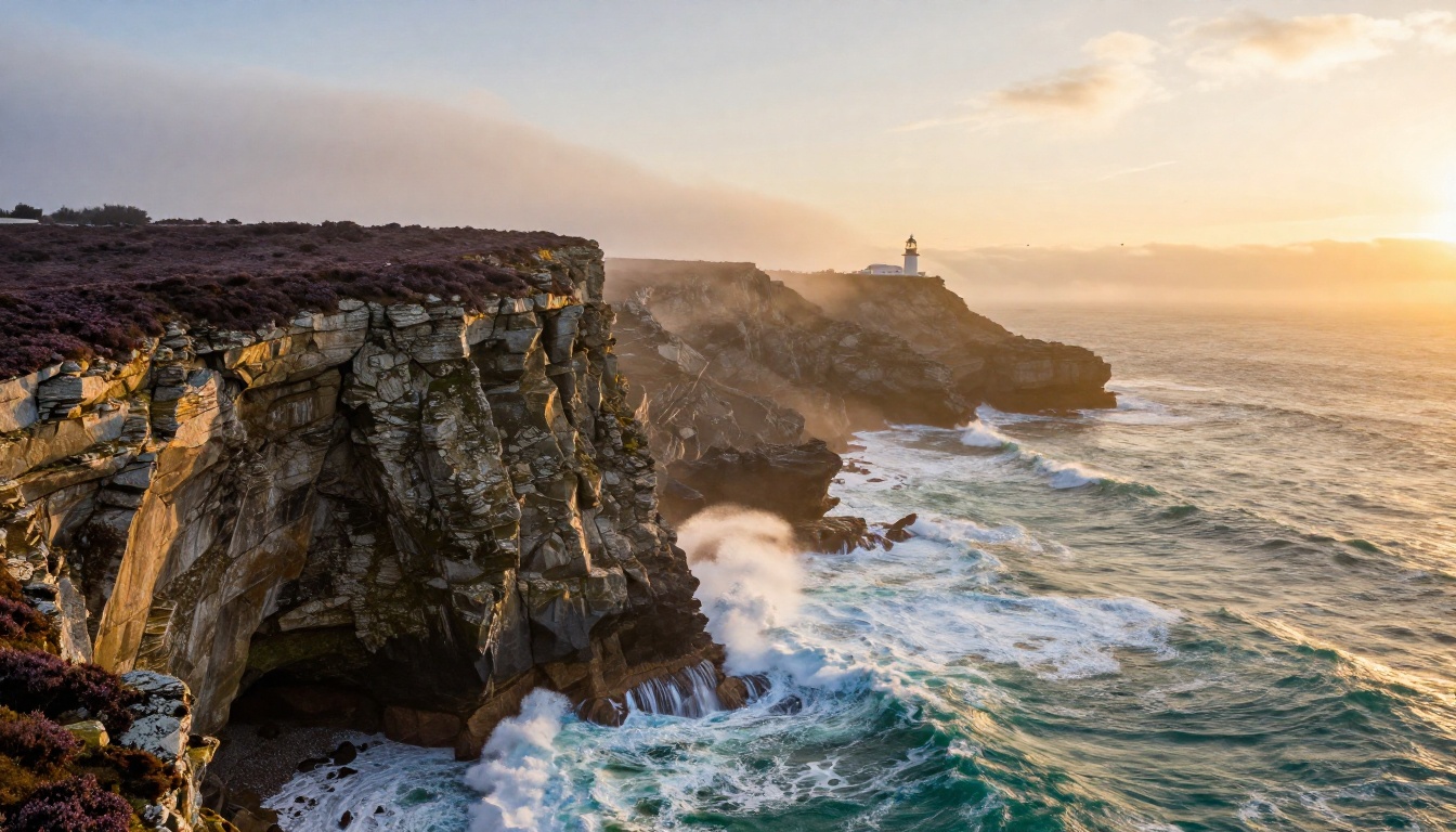 Aerial coastal landscape with photorealistic water, cliffs and lighthouse at sunrise Aerial coastal landscape with photorealistic water, cliffs and lighthouse at sunrise