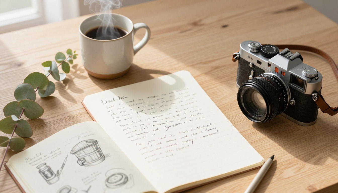 Flat-lay overhead photograph of creative workspace tools on warm oak surface Flat-lay overhead photograph of creative workspace tools on warm oak surface