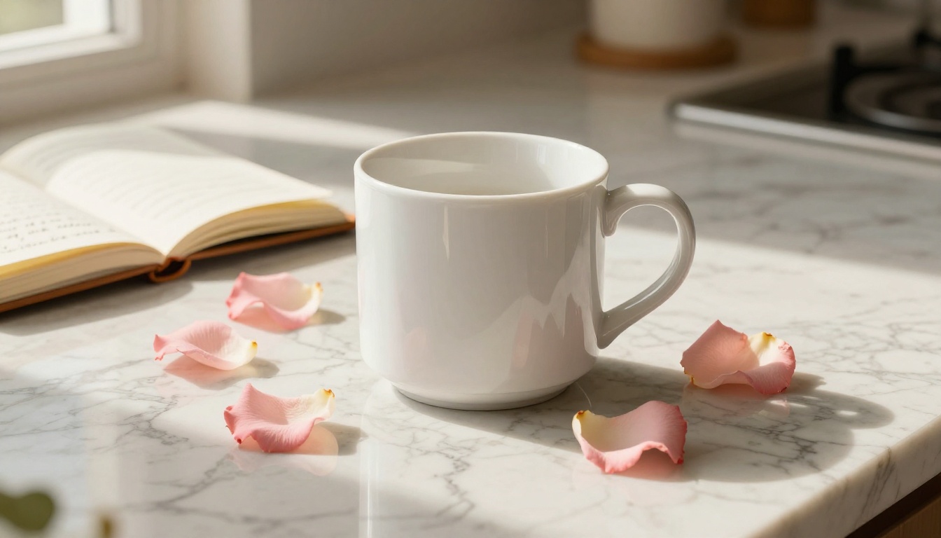 Stylish branding mockup with ceramic mug on Calacatta marble with rose petals Stylish branding mockup with ceramic mug on Calacatta marble with rose petals
