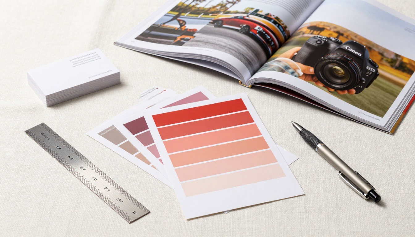 Flat-lay of premium print design materials including Pantone swatches, embossed cards, and magazines Flat-lay of premium print design materials including Pantone swatches, embossed cards, and magazines
