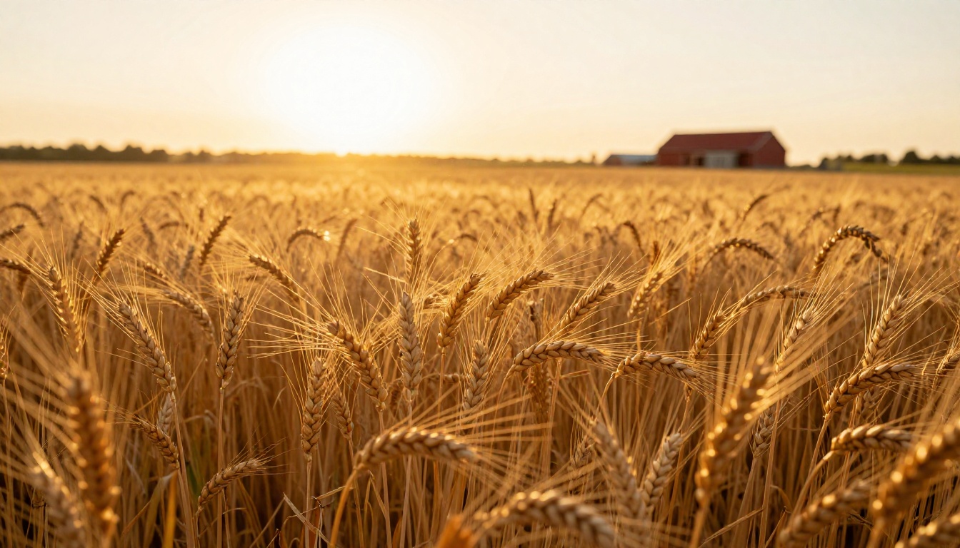 Golden wheat field at magic hour with volumetric light rays and farmhouse in background bokeh