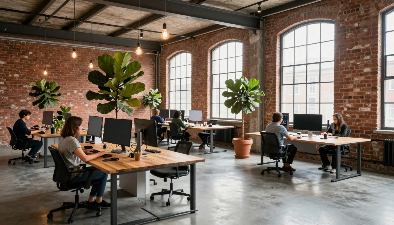 Modern industrial creative workspace with exposed brick, arched windows and natural light