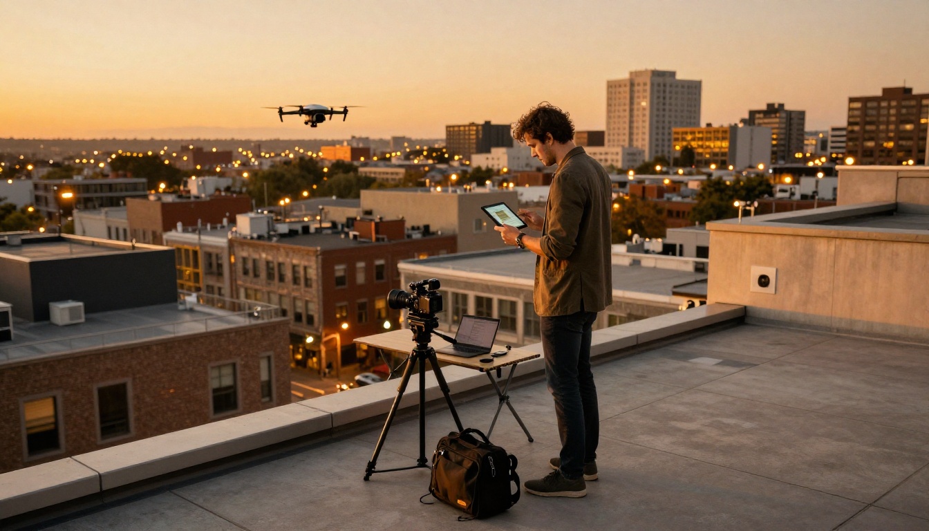 Filmmaker reviewing AI-generated content on rooftop at golden hour