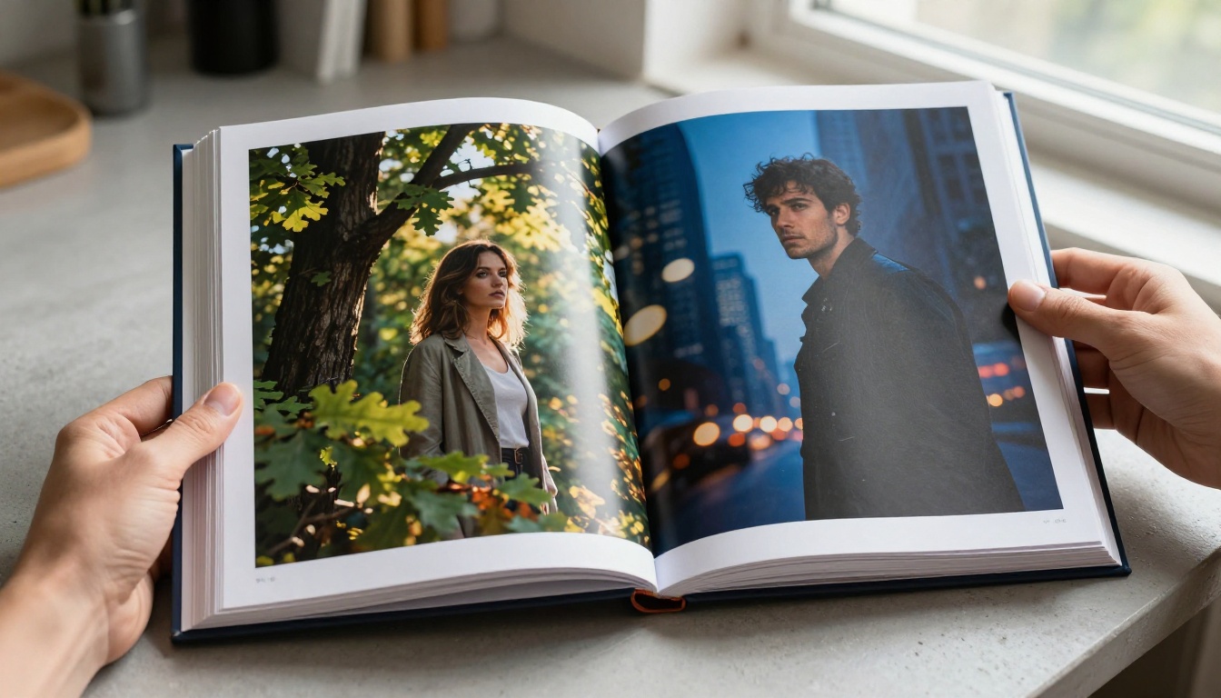 Portfolio book showing two contrasting photorealistic AI-generated portraits on a concrete desk