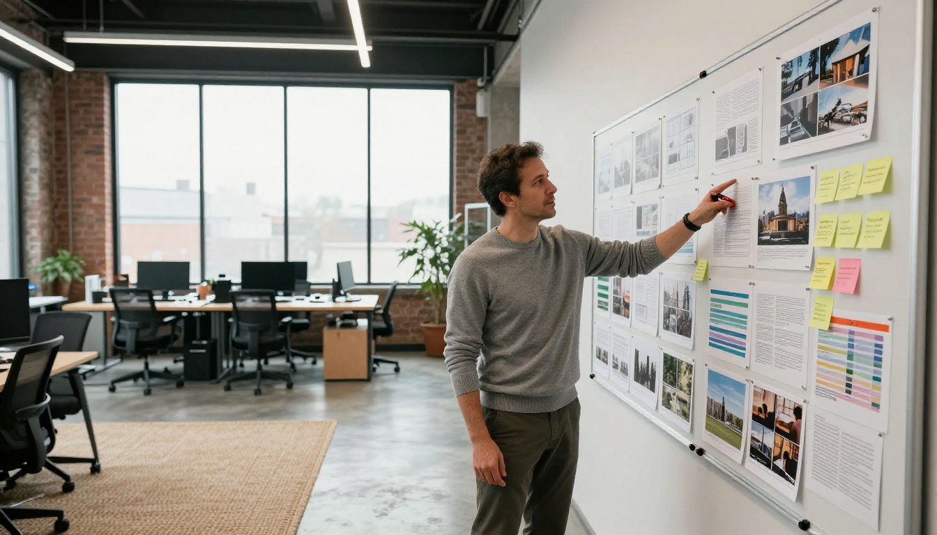 Creative director reviewing AI video storyboards in agency office