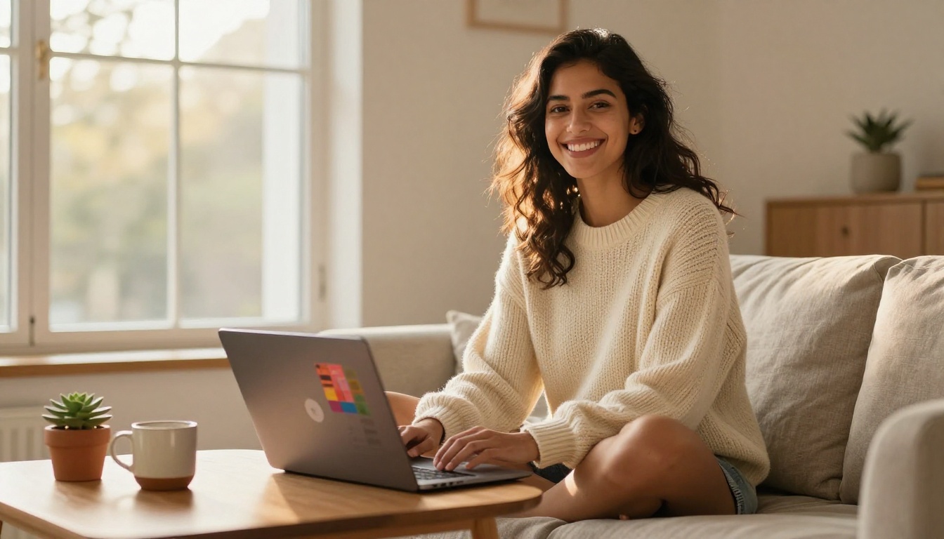 Smiling young woman on a linen sofa with laptop, warm morning light, creative workspace atmosphere