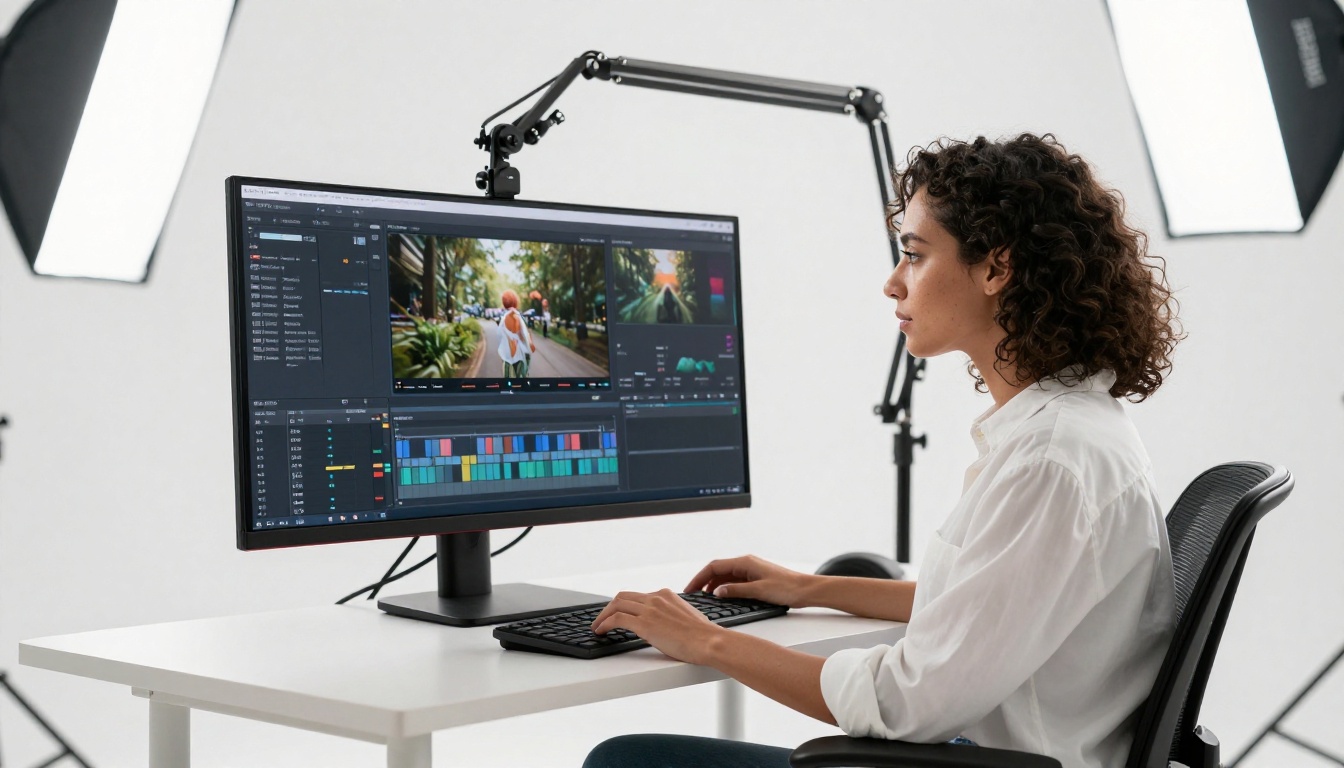 Professional female video editor reviewing AI-generated content