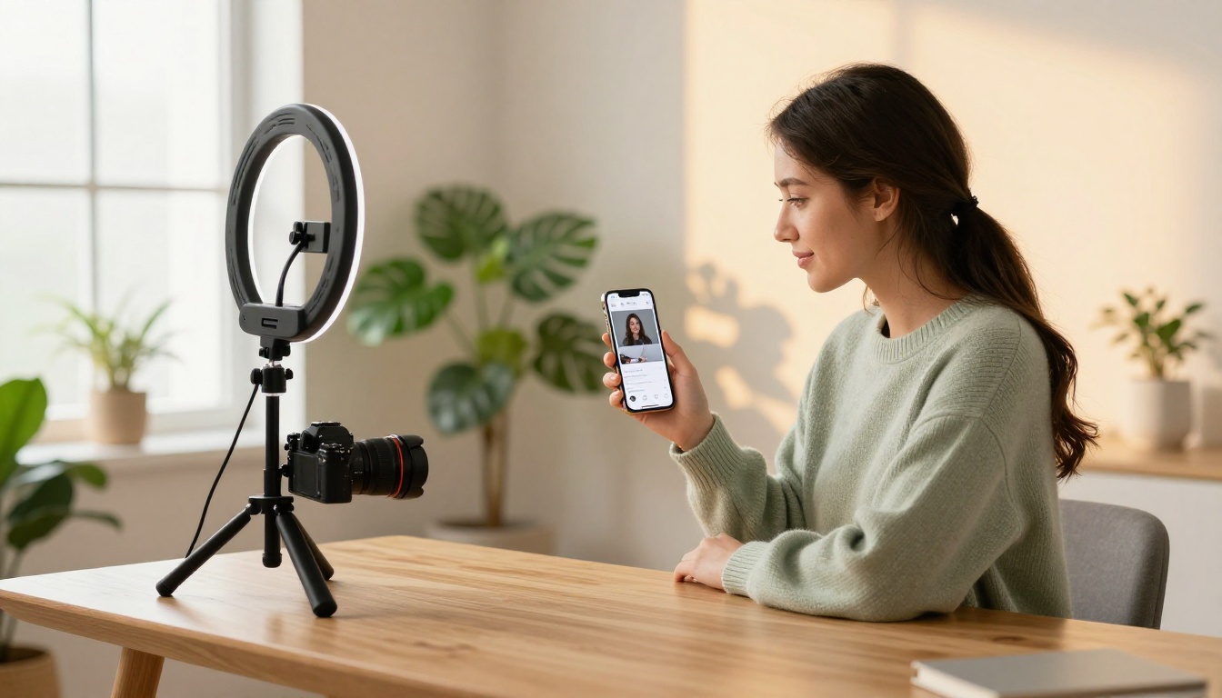 Content creator reviewing AI video on phone at minimal desk setup