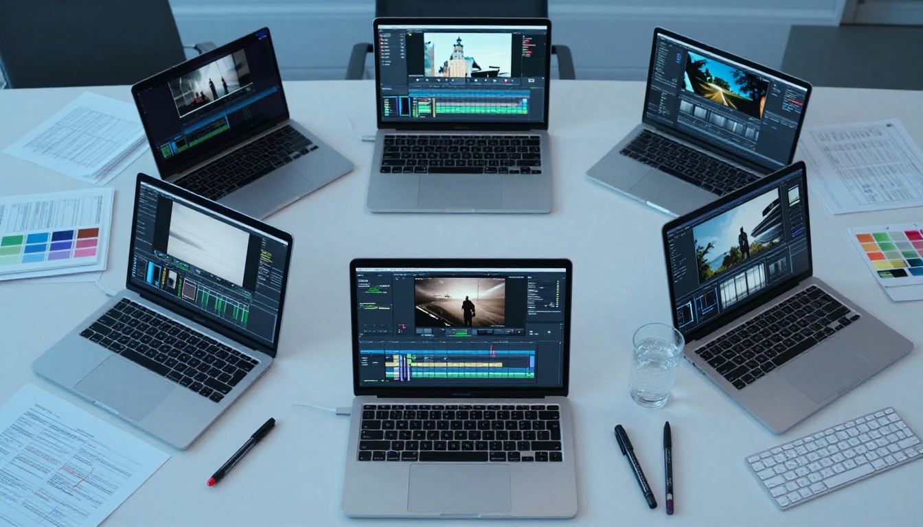 Overhead view of professional video production workstation setup