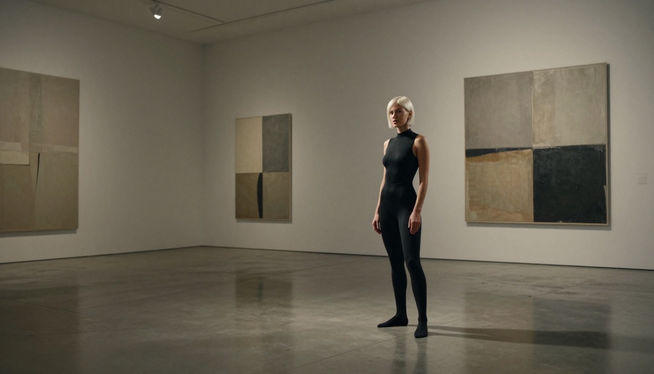 Poised woman in modern art gallery wearing sleek bodysuit, cool gallery lighting, photorealistic composition
